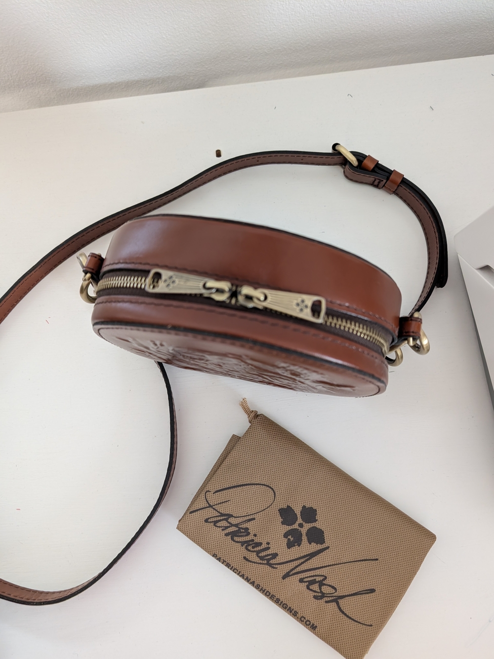 Patricia Nash Brown Embossed Owl Round Crossbody Bag - Picture 8 of 9
